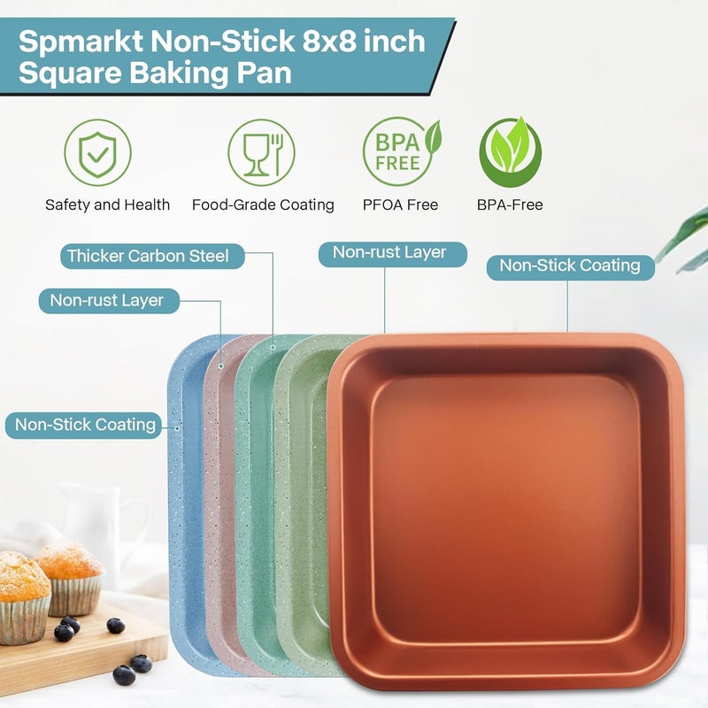 Spmarkt طقم 2 - صينية كعكة مربعة 8 بوصة، صينية خبز 8x8، صينية خبز خبز الذرة، مثالية للبراونيز، اللازانيا، آمنة للاستخدام في الفرن - Image 2